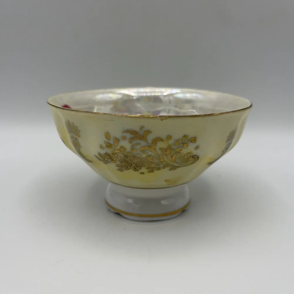 Vintage LM Royal Halsey Very Fine Cup Saucer Pink Roses‎ Yellow Lusterware Gold